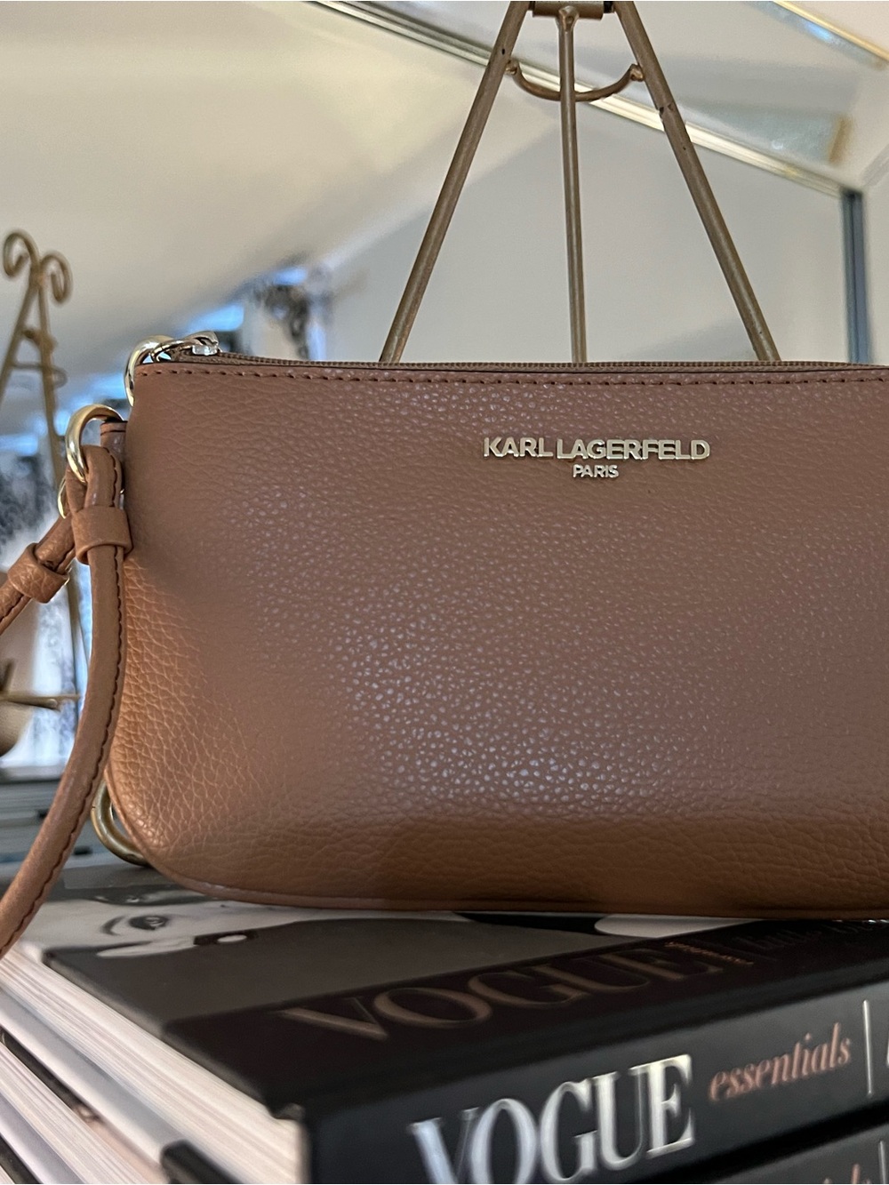 Karl Lagerfeld Pebbled Leather Wristlet in Warm Brown